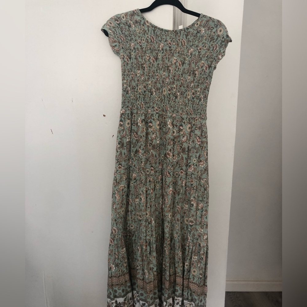 Smocked Floral Midi Dress in Sage Green